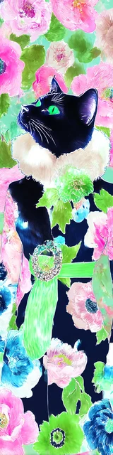 Black cat bookmarks illustration surrounded by neon flowers